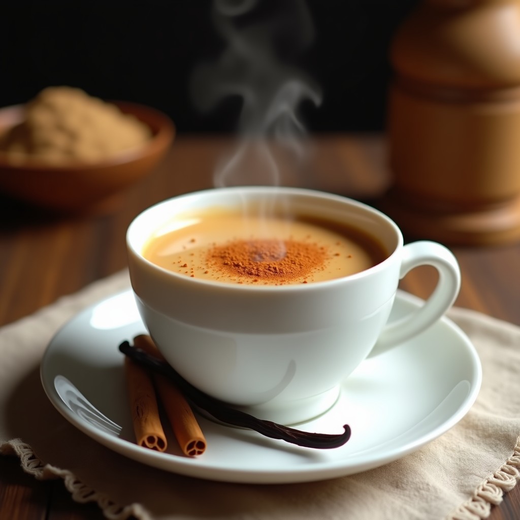Taza de cerámica blanca con bebida de cebada tostada humeante, espolvoreada con canela en polvo, junto a una rama de canela y una vaina de vainilla abierta sobre una mesa de madera rústica. Fondos cálidos y luz natural que resaltan el color ámbar de la infusión.