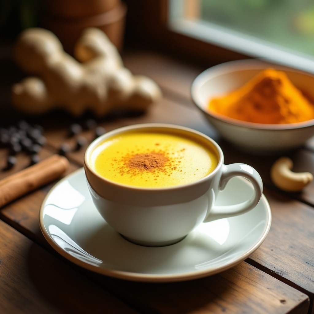Taza de cerámica blanca con bebida de cúrcuma y jengibre con leche de anacardos, espumosa y dorada, decorada con una pizca de canela en polvo, sobre una mesa de madera con especias al fondo (cúrcuma, jengibre fresco y pimienta negra). Receta de golden latte detox vegano.