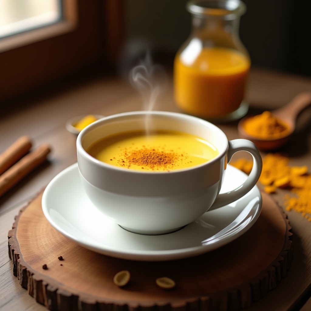 Taza de cerámica blanca humeante con bebida caliente de cúrcuma y miel con leche de avena, espolvoreada con canela y cúrcuma en polvo, sobre una mesa de madera rústica con especias al fondo. Receta ayurvédica antiinflamatoria.