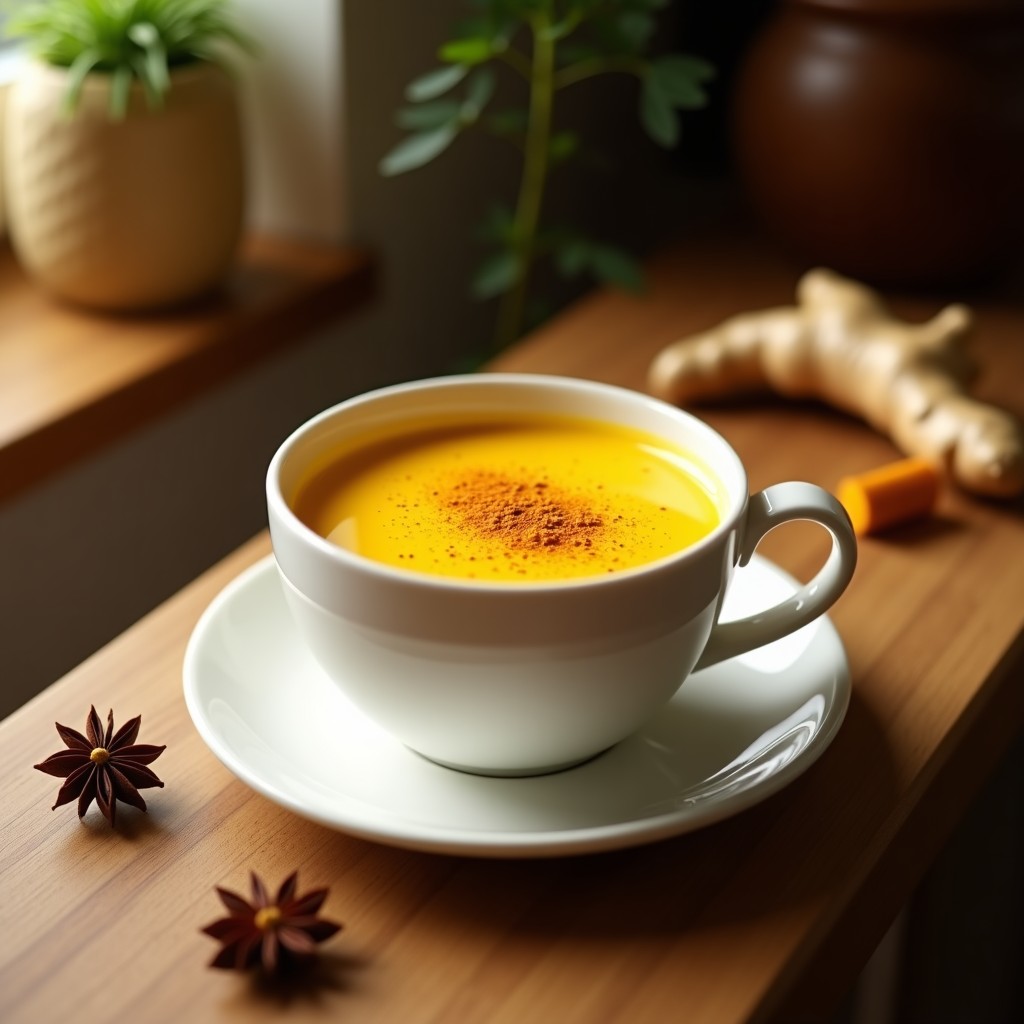 Taza de cerámica blanca con latte dorado de cúrcuma y pimienta de Jamaica, decorada con una ramita de lemongrass fresco y un toque de cúrcuma en polvo espolvoreada, sobre una mesa de madera rústica con especias al fondo.