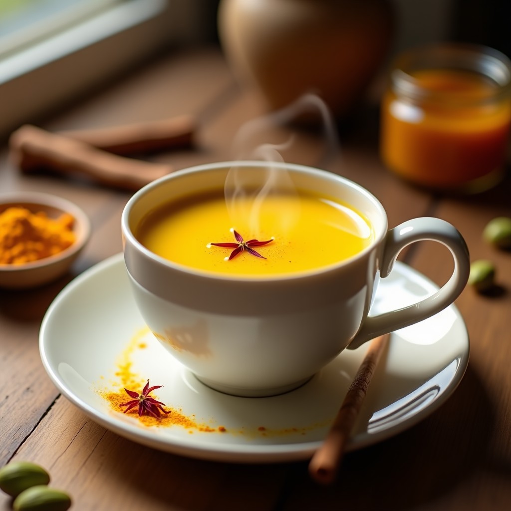 Taza de cerámica blanca con bebida dorada de leche de cúrcuma y azafrán, humeante, decorada con hebras de azafrán y una pizca de cúrcuma en polvo sobre la superficie. Fondo difuminado con especias enteras (cardamomo, canela) y una cucharita de miel. Ambiente cálido y reconfortante, típico de la cocina ayurvédica.
