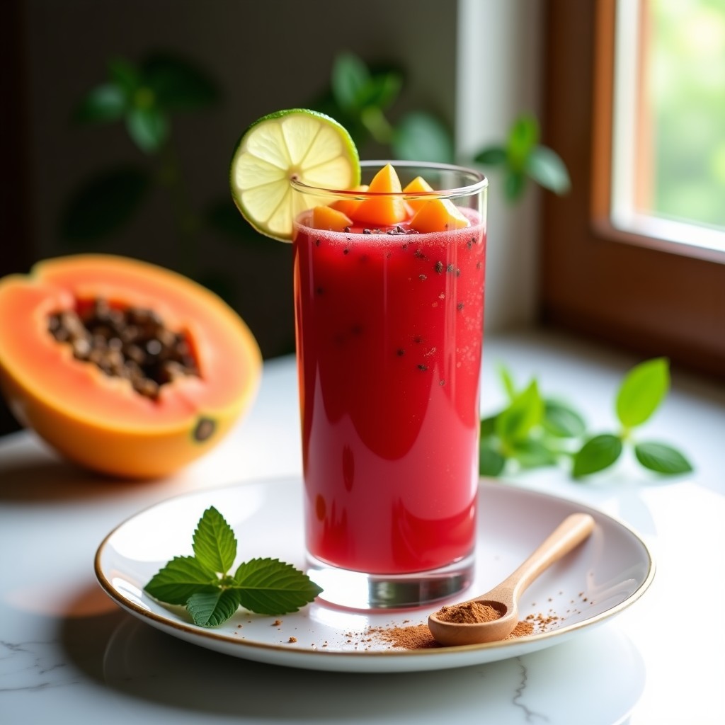 Vaso alto transparente con bebida de hibisco y jengibre de color rosa intenso, trozos de papaya fresca flotando, hielo picado y una rodaja de limón en el borde. Receta de batido detox y digestivo sobre fondo de madera clara.