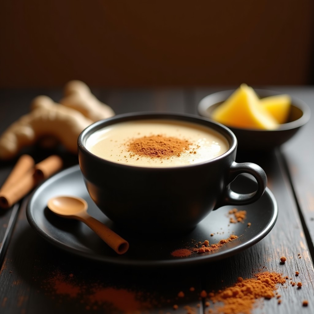 Taza de porcelana blanca con bebida cremosa de jengibre y karité con canela, decorada con una rama de canela y una rodaja de limón al lado. Fondo rústico de madera con especias esparcidas, destacando el tono dorado de la infusión. Receta de tónico africano antiinflamatorio.