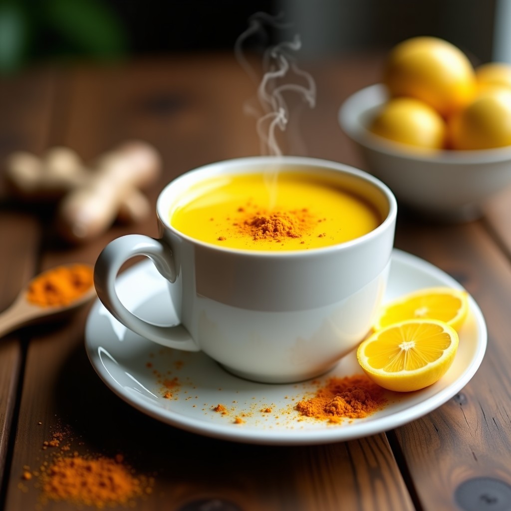 Taza de cerámica blanca con bebida de jengibre y kurkuma con leche de almendras, golden milk keto de color dorado intenso, espolvoreada con cúrcuma en polvo y una rodaja de jengibre fresco al lado, sobre una mesa de madera rústica con fondo desenfocado.