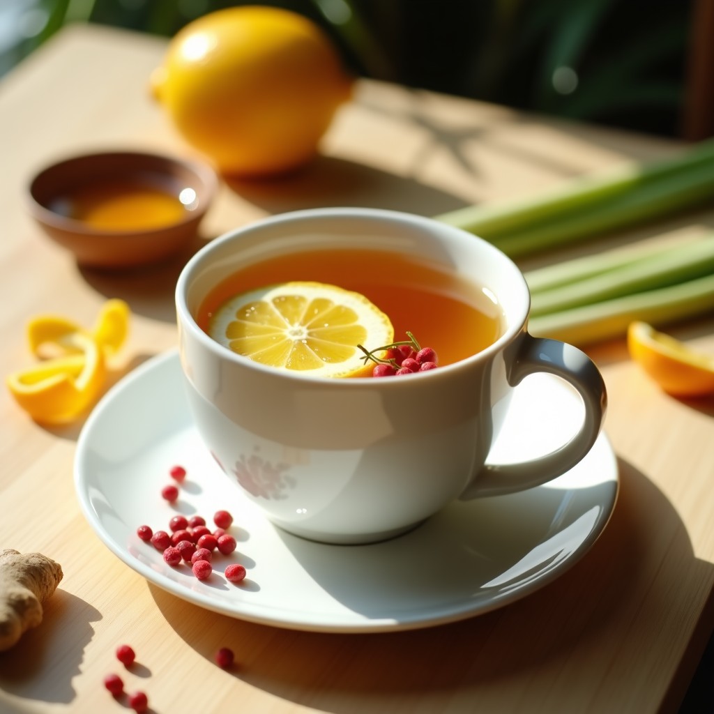 Taza de porcelana blanca con infusión detox de jengibre y limoncillo, decorada con rodajas de limón, bayas de pimienta rosa y hojas de limoncillo fresco. Fondo de madera clara con ingredientes dispersos: raíz de jengibre, cáscara de naranja y miel.