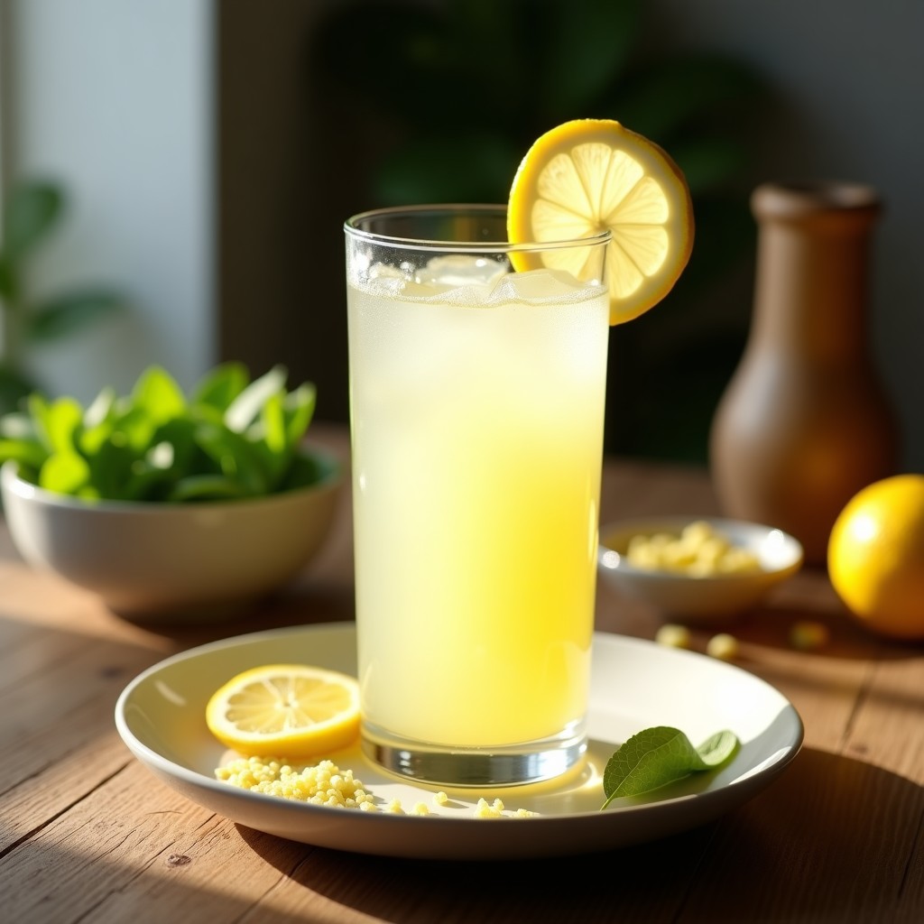 Vaso alto transparente lleno de bebida de kéfir de agua con jengibre y limón, probiótico natural, con hielo, rodajas de limón y hojas de menta fresca, sobre una mesa rústica de madera con fondo claro.