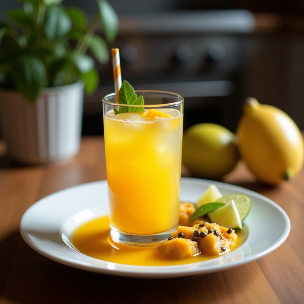 Vaso alto transparente con bebida de mango y chile con limón, color naranja vibrante, decorado con hoja de hierbabuena y rodaja de limón al borde. Fondo de mesa rústica con pizca de chile en polvo espolvoreado y cubos de hielo flotando.
