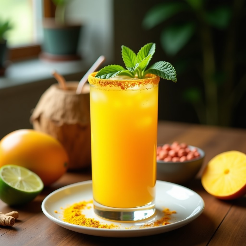 Vaso alto transparente con tónico dorado de mango y kurkuma, decorado con hojas de menta y una pizca de cúrcuma en polvo en el borde. Fondo con ingredientes naturales: rodajas de mango, raíz de kurkuma y granos de pimienta rosa.