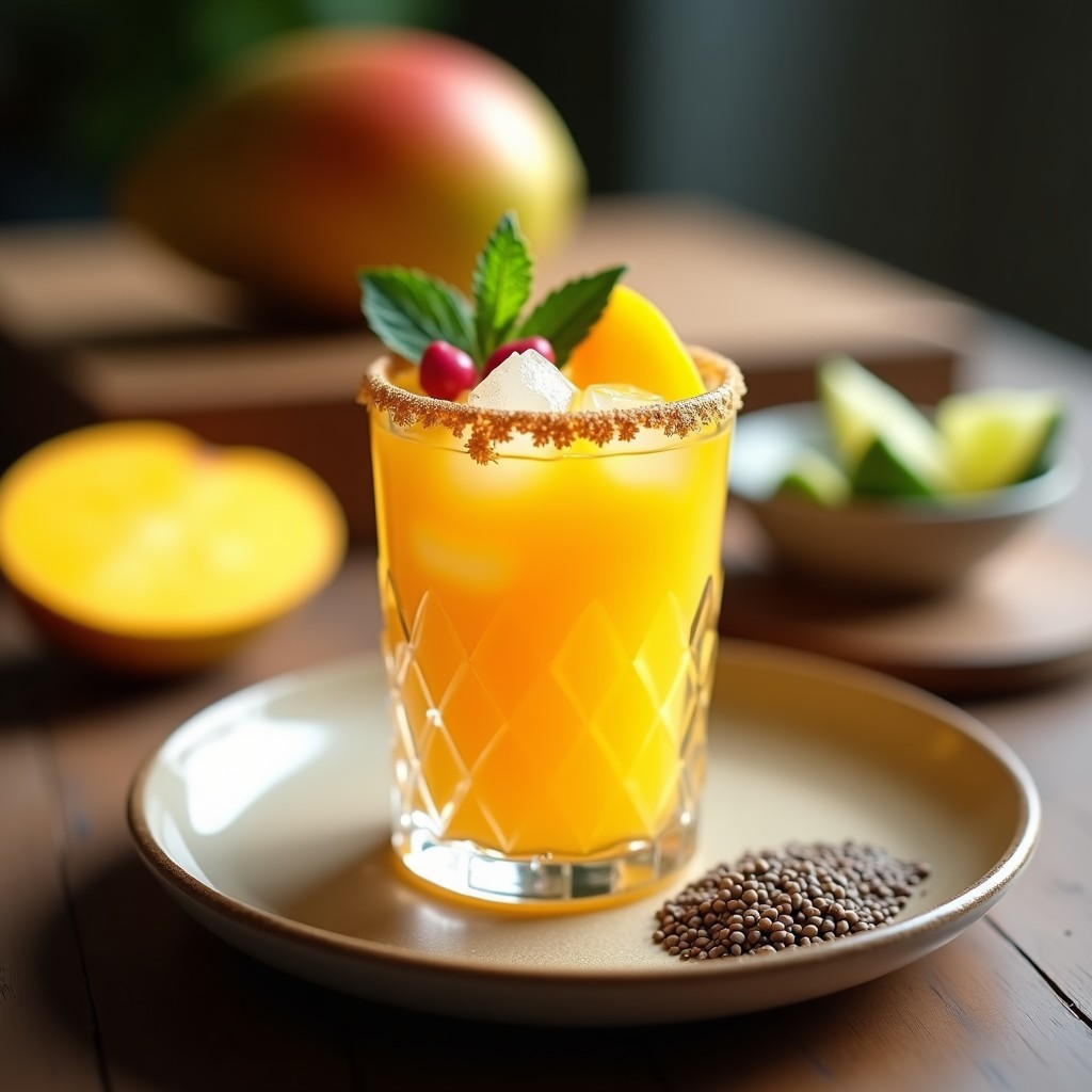 Shot de bebida energética peruana en vaso pequeño de cristal con bordes dorados, llena de líquido amarillento vibrante, decorada con hielo picado, rodajas de jengibre fresco, hojas de menta y granos de pimienta rosa. Fondo desenfocado con mangos y limas frescas.