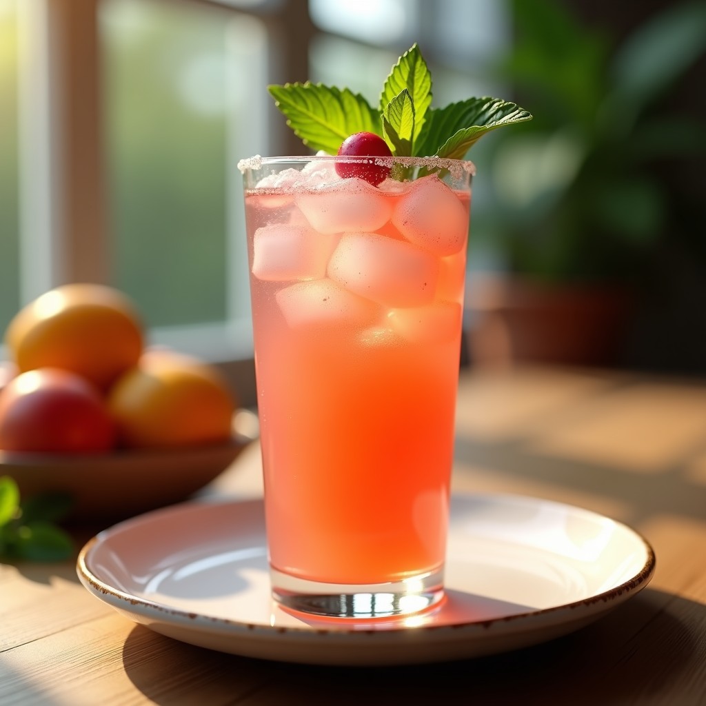 Vaso alto de cristal con bebida de mango y pimienta rosa, decorado con hielo picado, granos de pimienta rosa y hojas de menta fresca, sobre una mesa de madera con luz natural.