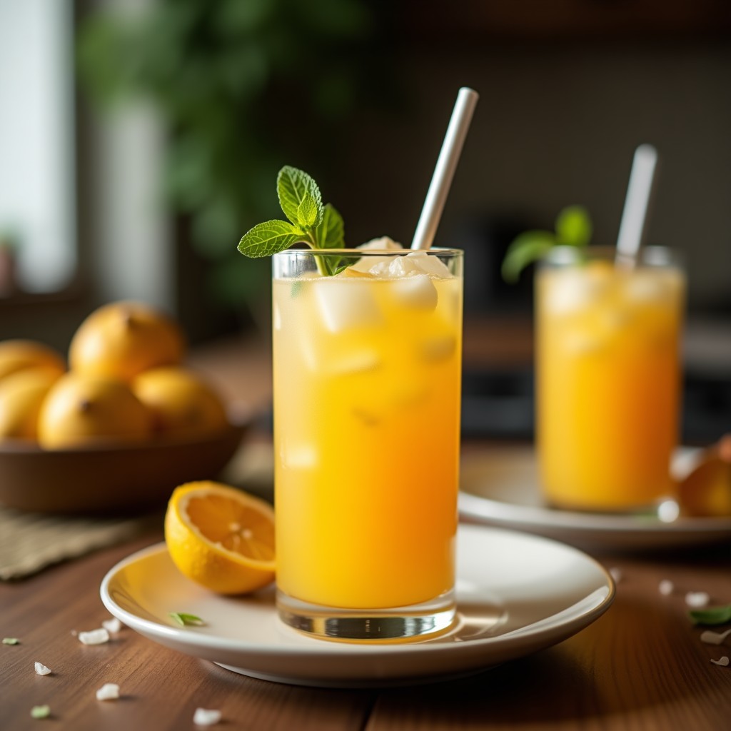 Vaso alto transparente con bebida de maracuyá y jengibre con agua de coco, decorado con hojas de hierbabuena, semillas de chía y una rodaja de maracuyá, sobre fondo de madera rústica con gotas de condensación.