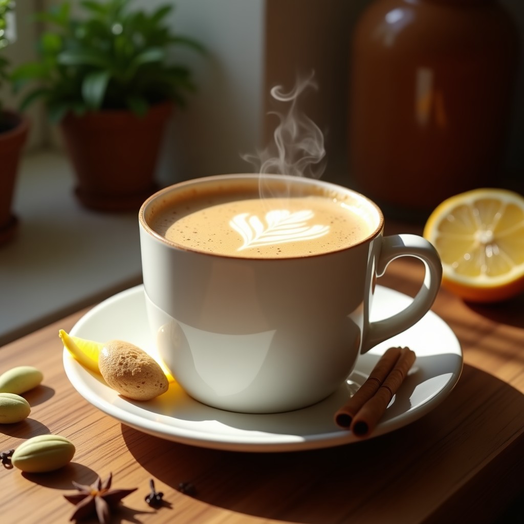 Taza de cerámica blanca humeante con bebida de té de masala dorado, espuma cremosa de leche de almendras, decorada con una rodaja de jengibre fresco y una rama de canela sobre una mesa de madera rústica. Fondo borroso con especias dispersas como cardamomo y clavo de olor.