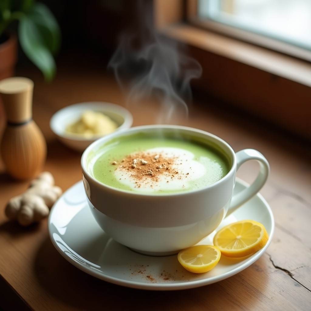 Taza de cerámica blanca con latte japonés detox de matcha y jengibre, espuma cremosa de leche de avena, espolvoreada con canela y un toque de jengibre rallado fresco sobre una mesa de madera rústica.