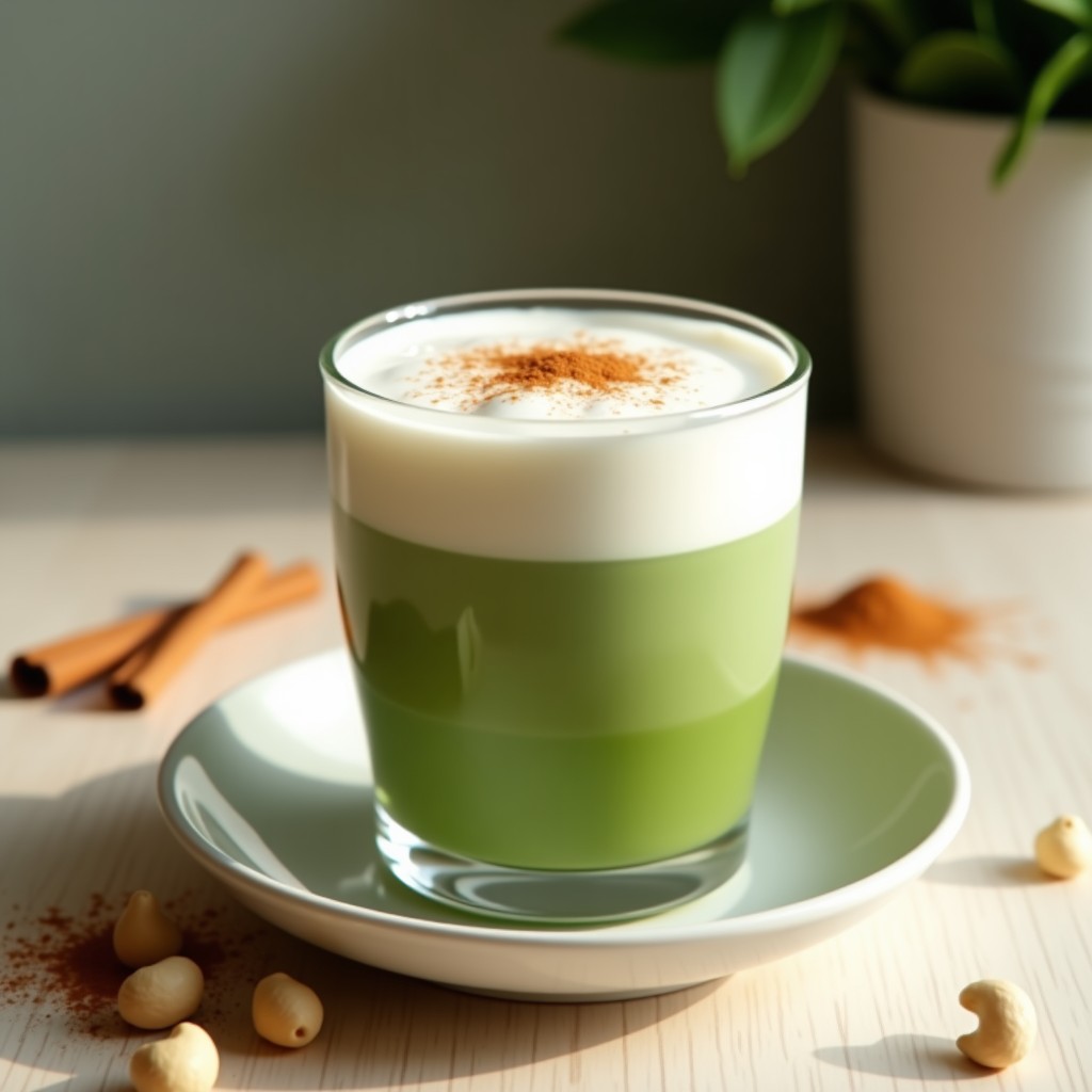 Taza de vidrio transparente con bebida de matcha verde intenso en la base, cubierto por una espuma blanca y aireada de aquafaba, espolvoreada con canela. Fondo de madera clara con hojas de matcha y anacardos enteros como decoración.