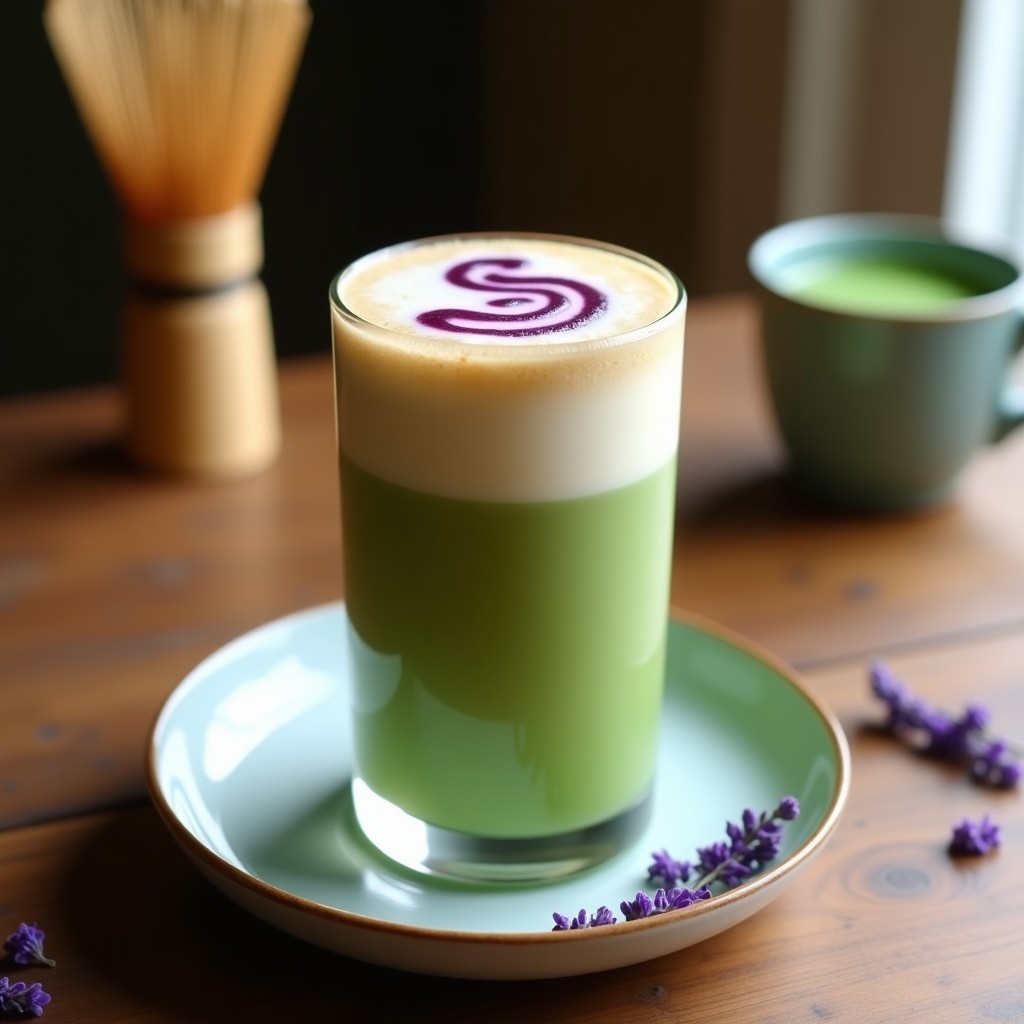 Taza transparente de vidrio con latte japonés relajante de matcha y leche de avena, decorado con espirales de sirop de lavanda y espuma sedosa, sobre una mesa de madera con pétalos de lavanda y un batidor de bambú al fondo.
