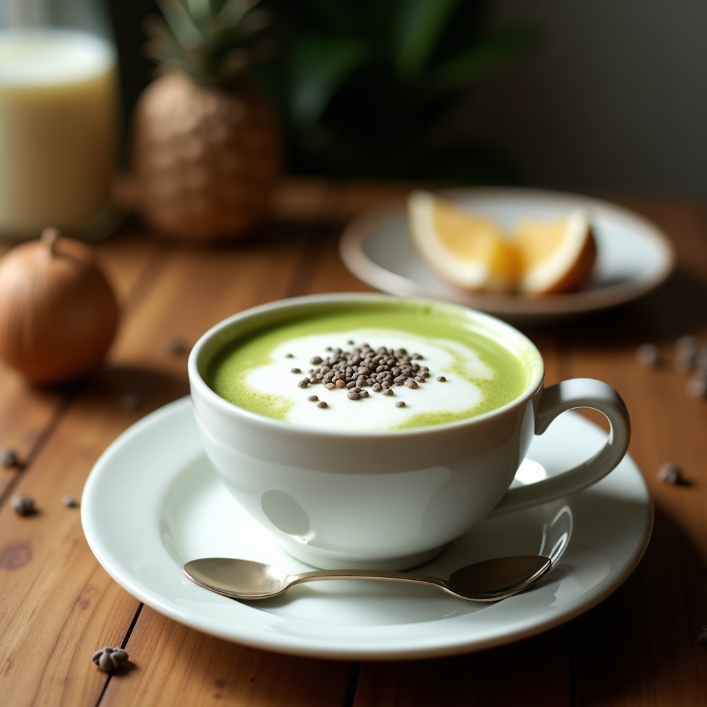 Vaso transparente con bebida verde vibrante de matcha y leche de coco, semillas de chía en suspensión, espolvoreado con matcha en polvo y rodajas de jengibre fresco al lado, sobre fondo de madera clara.
