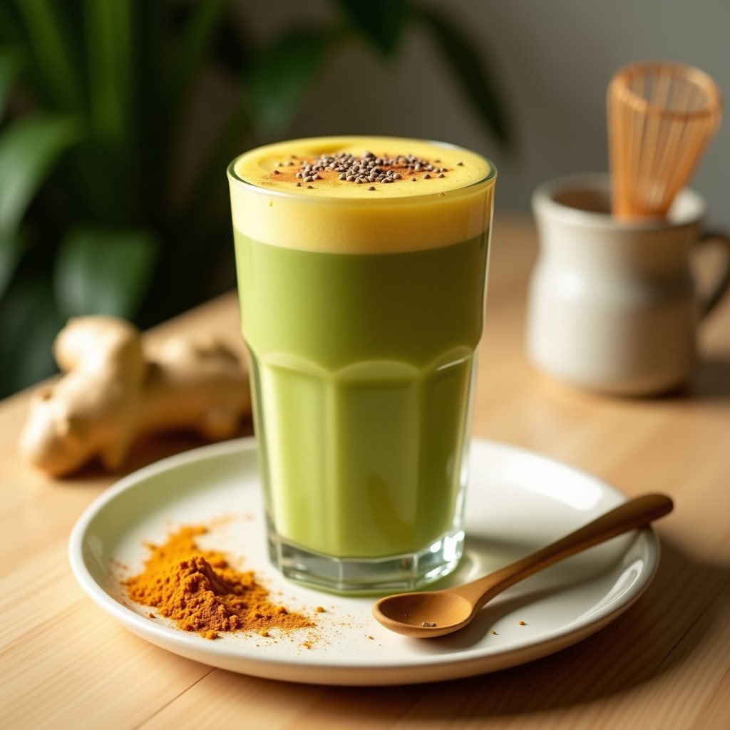 Vaso alto transparente con latte antiinflamatorio sin lactosa de matcha y leche de cúcuma, espuma cremosa en la superficie, decorado con canela y semillas de chía, sobre fondo de madera clara con jengibre fresco y cuchara de bambú.