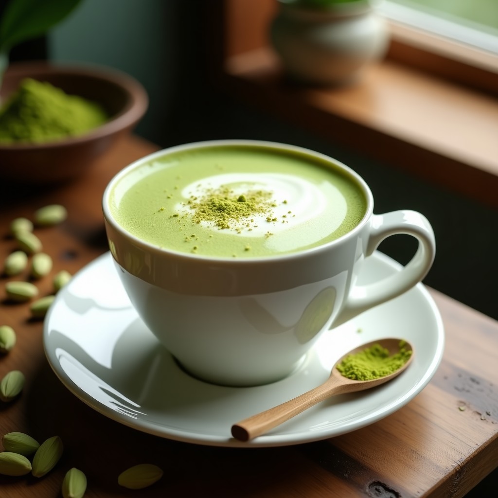 Taza de porcelana blanca con latte energético de matcha y leche de pistacho, espolvoreado con cardamomo en polvo, sobre una mesa de madera rústica con semillas de cardamomo y hojas de pistacho dispersas.