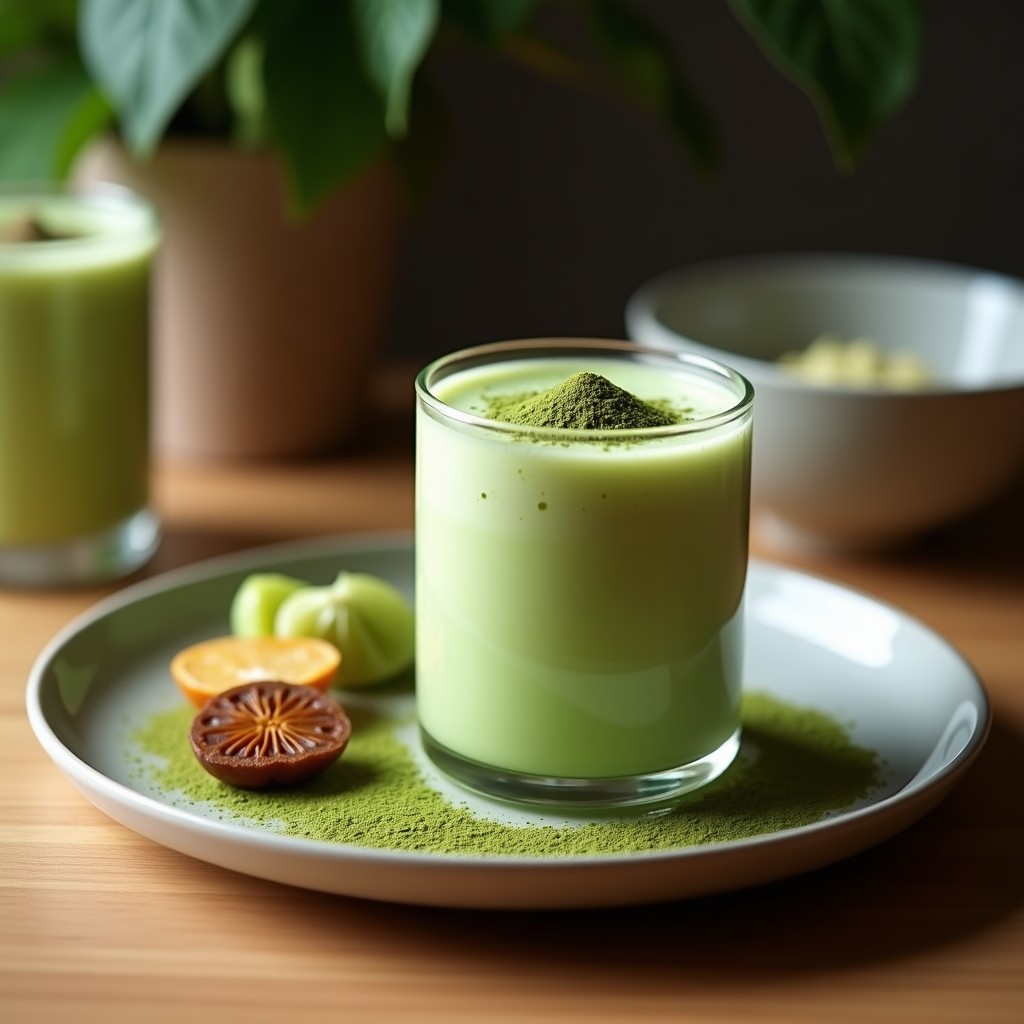 Vaso alto transparente con bebida de matcha y leche de tigre con jengibre, de color verde esmeralda con tonos amarillentos, espuma ligera en la superficie, decorado con una rodaja de limón y hielo. Fondo de madera rústica con hojas de menta y cucharita de bambú.