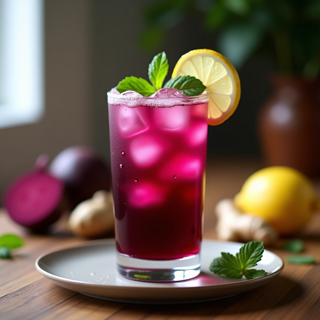 Vaso alto transparente con bebida de remolacha y jengibre con limón, de color rojo intenso y textura homogénea, servido con hielo y una rodaja de limón en el borde. Fondo de encimera rústica con ingredientes: remolacha cocida, jengibre fresco y limón cortado.