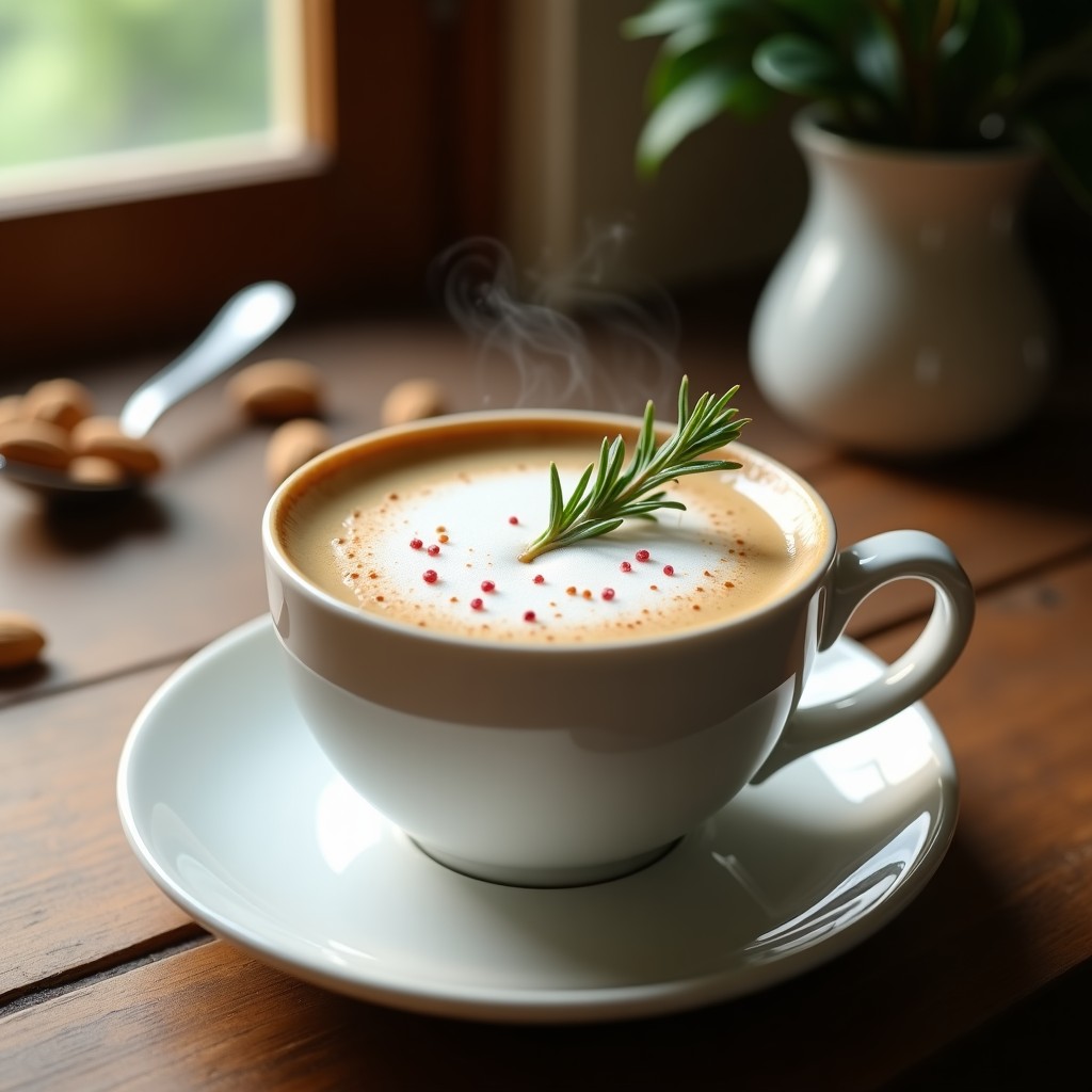 Taza de porcelana blanca con Rosemary Latte, espuma cremosa de leche de almendras, ramita de romero fresco como decoración y fondo de granos de café. Receta keto y sin lactosa.