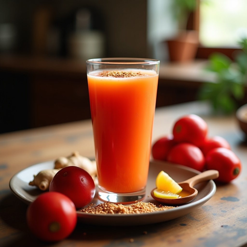 Vaso alto transparente con bebida de tamarillo y jengibre, de color naranja rojizo, decorado con una pizca de canela y semillas de ajonjolí tostadas, sobre una mesa rústica de madera con tamarillos y rodajas de jengibre al lado, representando un batido energético colombiano con antioxidantes.