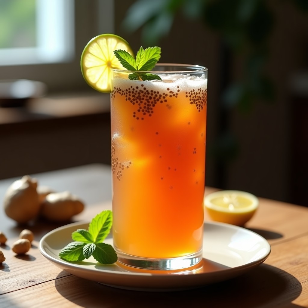 Vaso alto transparente con bebida de tamarindo y jengibre con chía, de color ámbar oscuro con semillas de chía en suspensión, decorado con hielo, rodaja de limón y menta fresca, sobre fondo rústico de madera con canela en rama y tamarindo al lado.