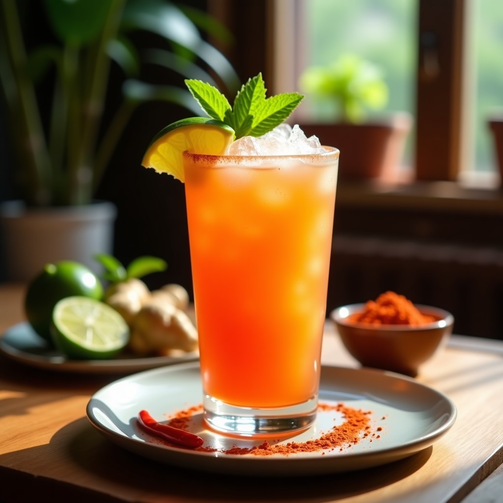 Vaso alto de cristal con bebida de tamarindo y jengibre con chile en polvo, decorado con rodaja de limón verde, hielo y una pizca de chile en polvo en el borde. Fondo de hierbabuena fresca y tamarindo en pasta.