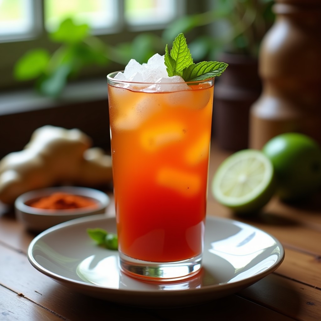 Vaso alto transparente con bebida de tamarindo y jengibre con chili, de color ámbar oscuro, decorado con hojas de menta fresca y hielo picado, sobre una mesa de madera rústica con un fondo de ingredientes como tamarindo, jengibre y chili en polvo.