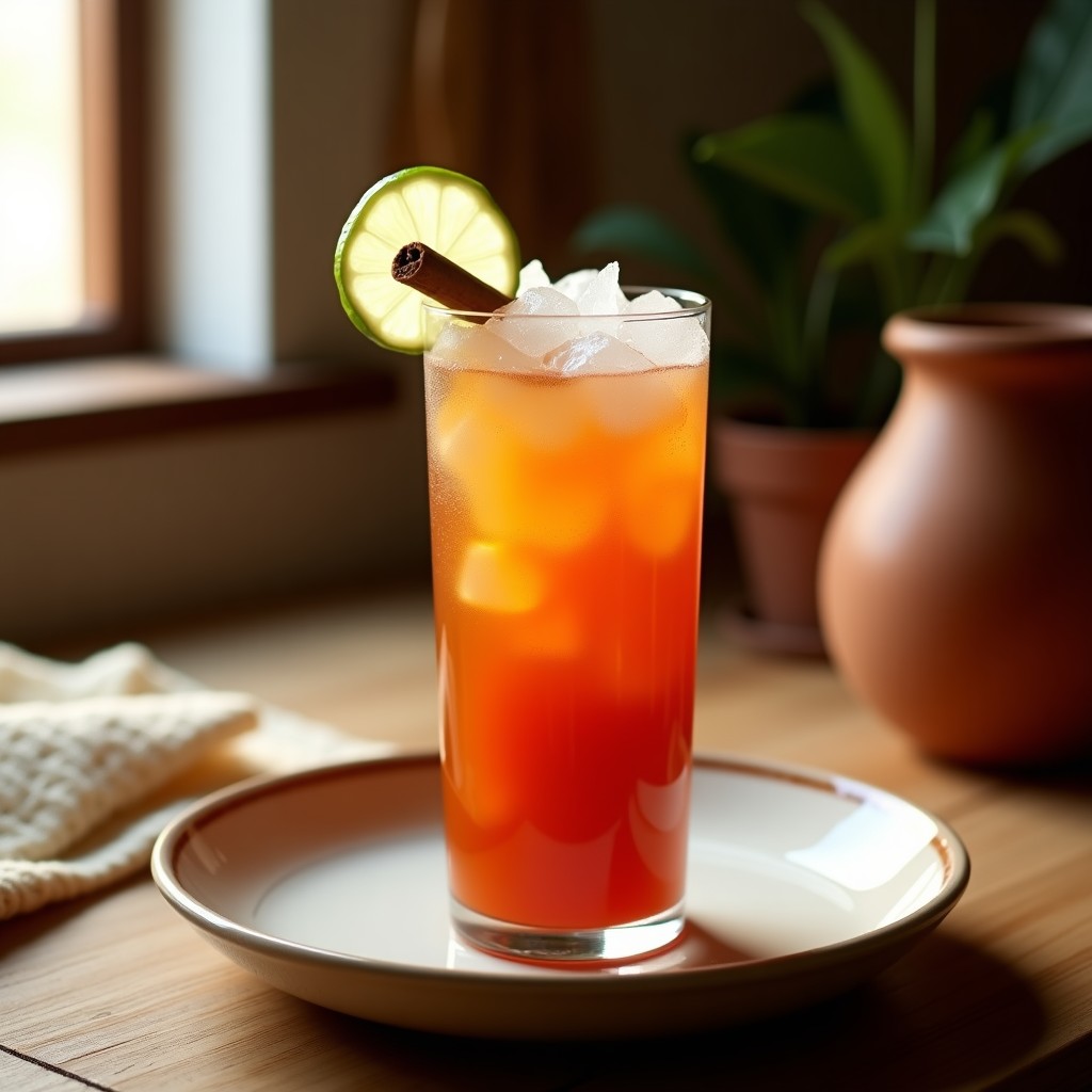 Vaso alto de cristal con bebida de tamarindo y jengibre detox, color ámbar intenso, decorado con rodaja de lima, hoja de laurel y cubos de hielo, sobre fondo rústico de madera con ingredientes naturales al lado: tamarindo, jengibre fresco y canela.