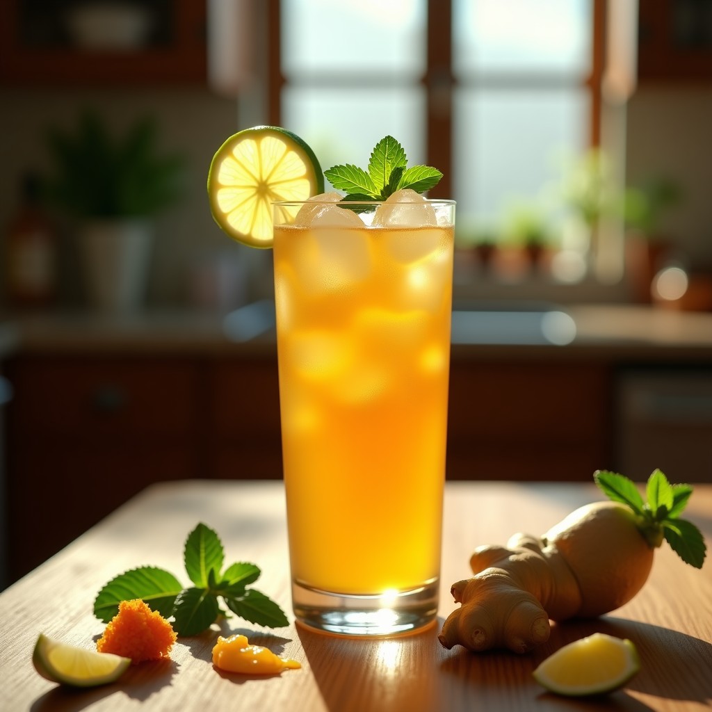 Vaso alto transparente con bebida ámbar de tamarindo y jengibre, hielo translúcido de koholrabi, hojas de menta fresca y una rodaja de limón verde en el borde. Fondo borroso de cocina luminosa con ingredientes naturales.