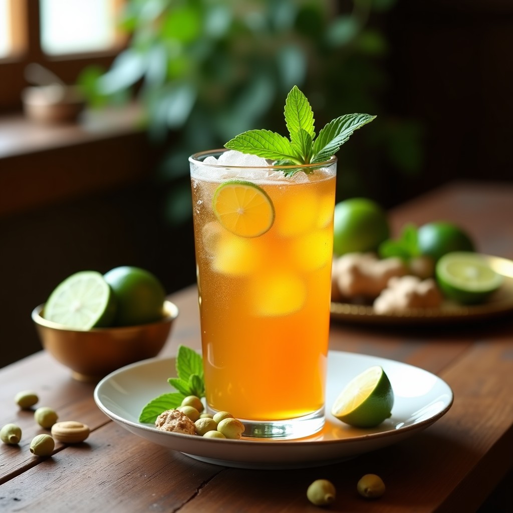 Vaso alto transparente con bebida de tamarindo y jengibre de color ámbar, coronado con burbujas de lima efervescentes, hojas de menta fresca y rodajas de lima. Fondo de mesa de madera rústica con especias árabes al lado.