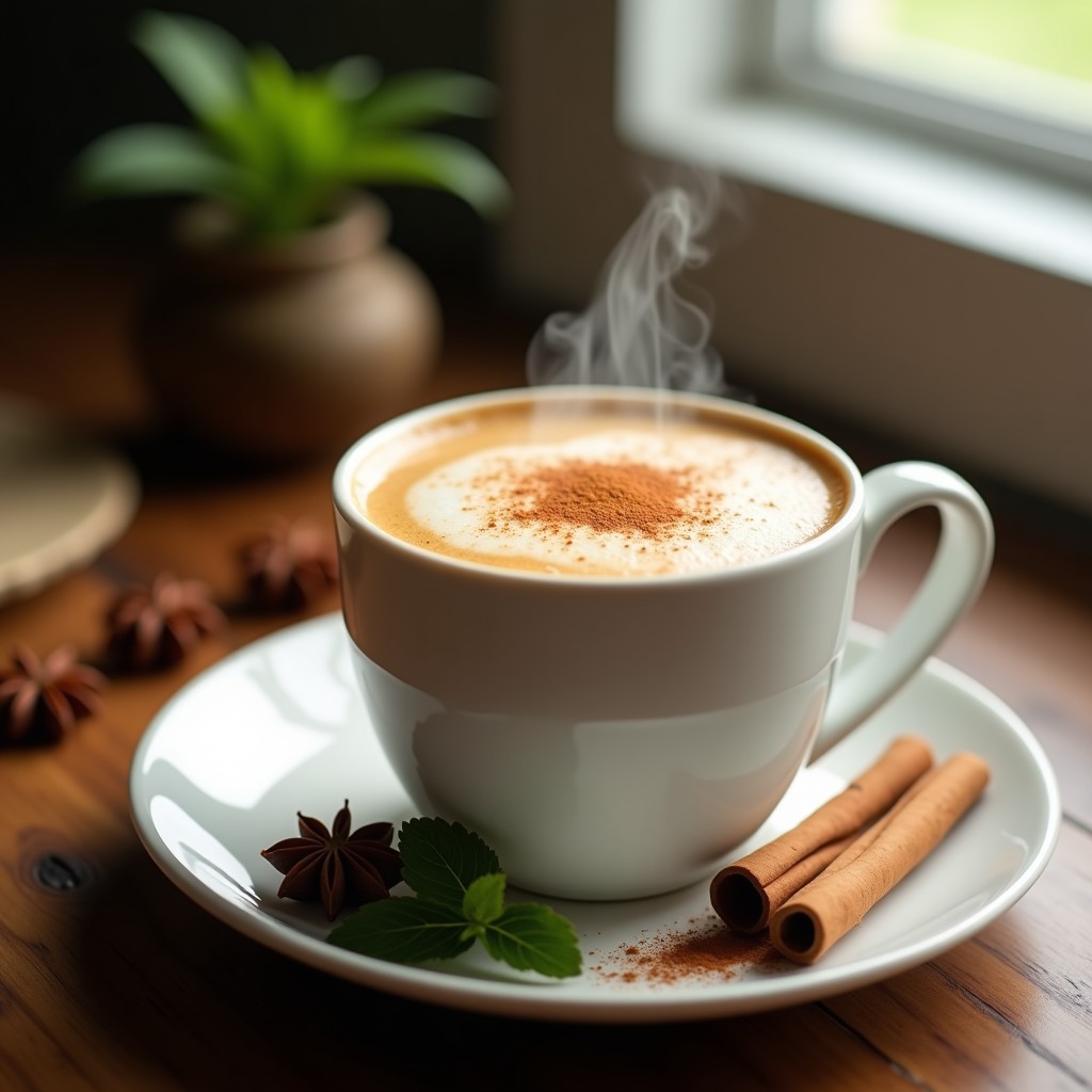 Taza de cerámica blanca con latte chai keto espumoso, decorado con pimienta de Jamaica molida y una rama de canela, sobre fondo rústico de madera con especias esparcidas.