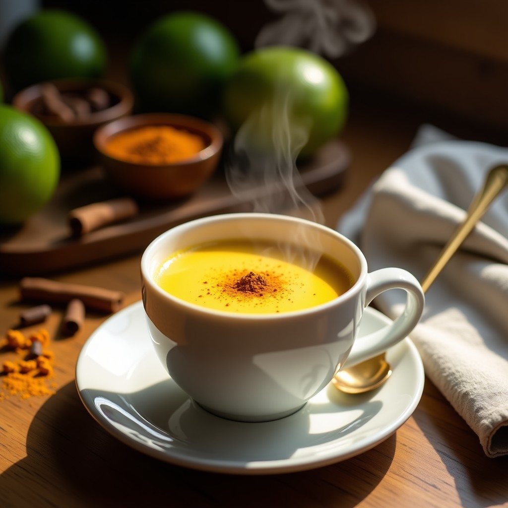 Taza de cerámica blanca humeante con bebida dorada de té chai y leche de tigre, espolvoreada con cúrcuma y canela, sobre mesa de madera con limones y especias al fondo.