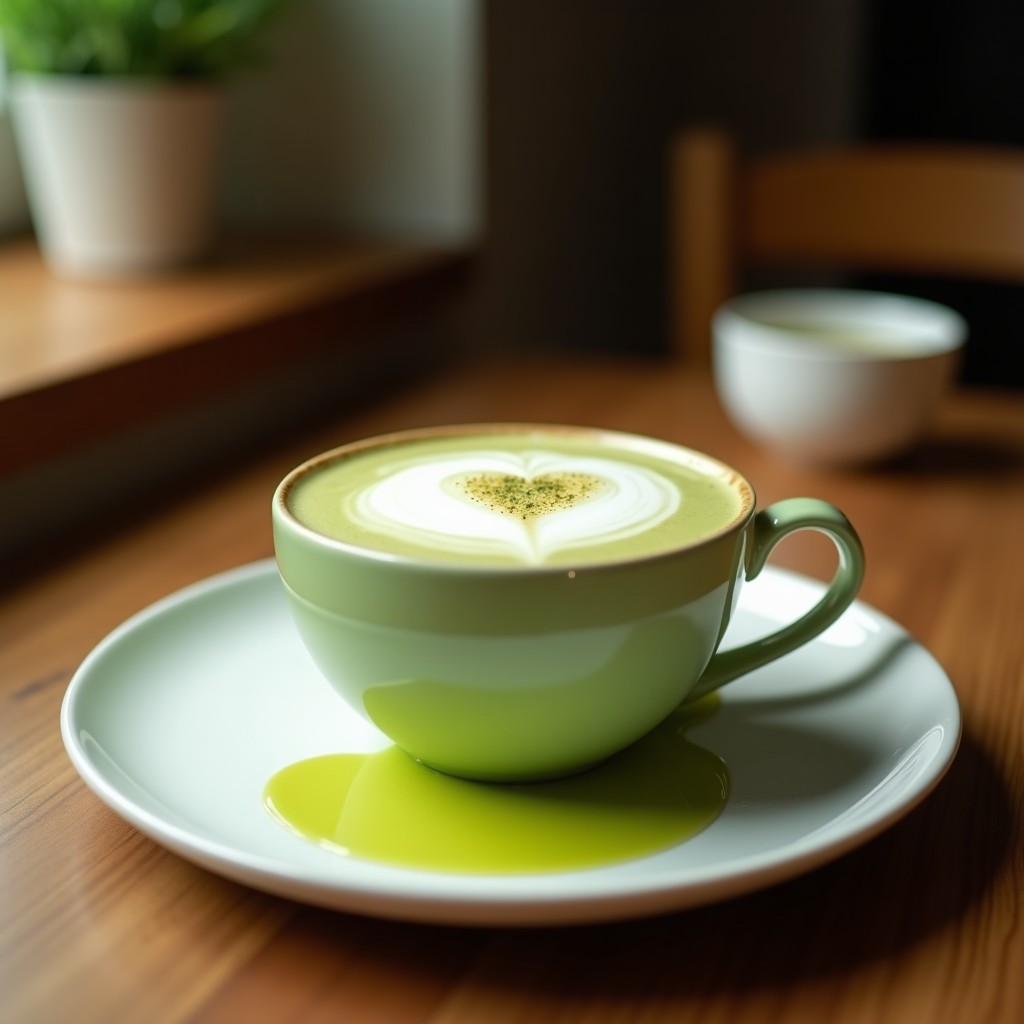 Vaso transparente con latte detox vegano de té verde, jengibre y leche de pistacho, espumoso y decorado con pistachos tostados picados, sobre fondo de madera rústica con hojas de té verde esparcidas.