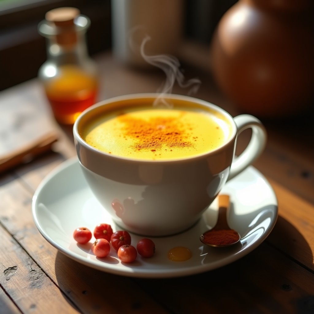 Taza de cerámica blanca con Túmeric Latte humeante, espolvoreado con cúrcuma en polvo, acompañada de granos de pimienta rosa, una rama de canela y una cucharita de miel sobre una mesa de madera rústica. Receta ayurvédica con leche de almendras.