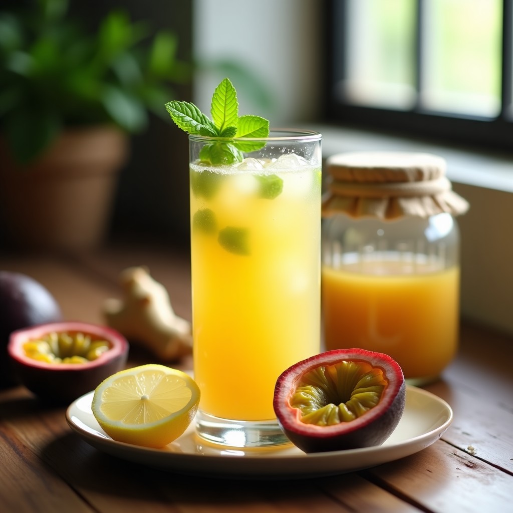 Vaso alto transparente con bebida de water kéfir de color ámbar claro, decorado con rodajas de limón, hojas de menta y semillas de maracuyá. Fondo con tarro de fermentación y jengibre fresco sobre una mesa de madera rústica.