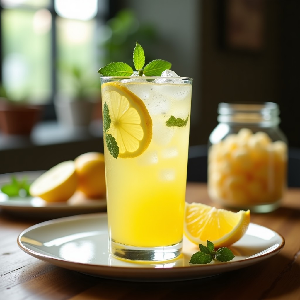 Vaso alto transparente con bebida de water kefir dorada y burbujeante, decorado con rodajas de limón amarillo, hojas de menta fresca y hielo. Fondo borroso con frasco de vidrio y granos de kéfir.