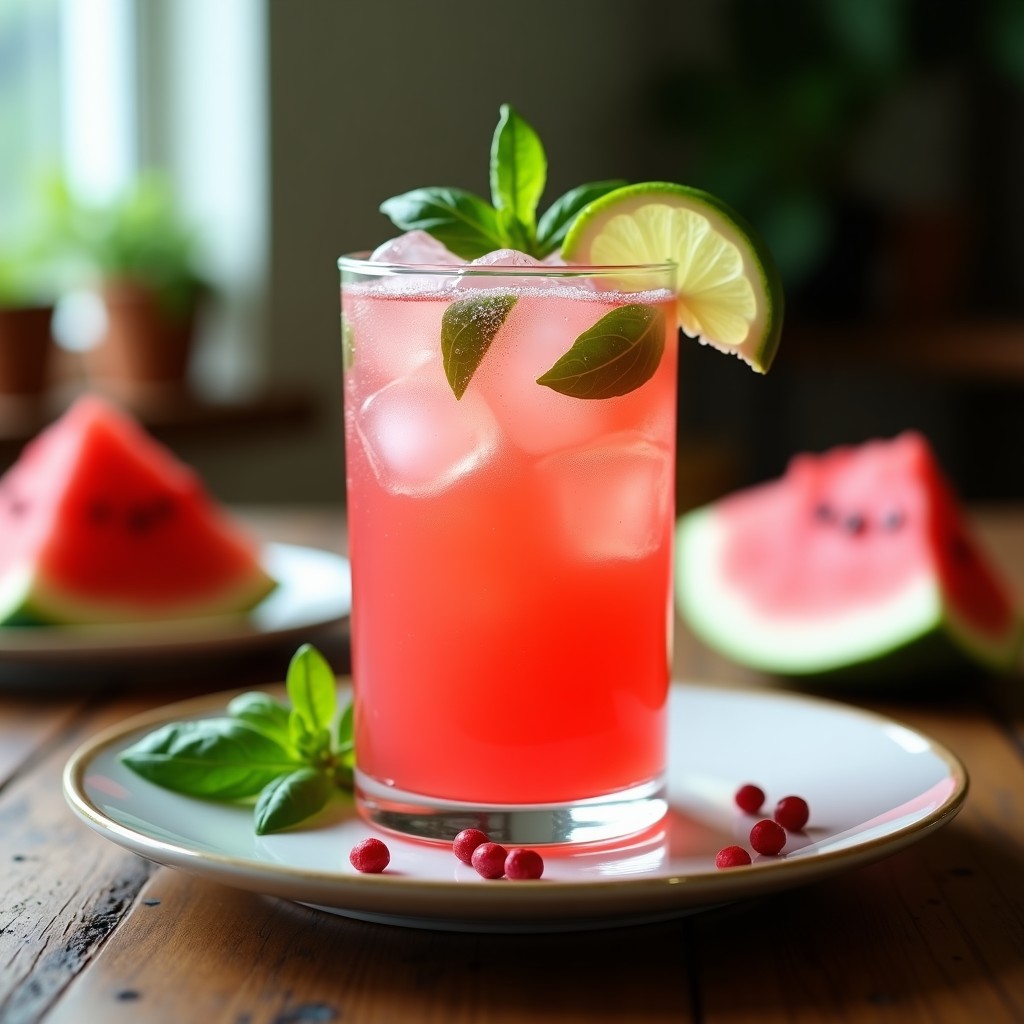Copa alta transparente con bebida refrescante de watermelon y albahaca, decorada con granos de pimienta rosa y hojas de albahaca fresca, sobre fondo de madera rústica con cubos de hielo y rodajas de limón.