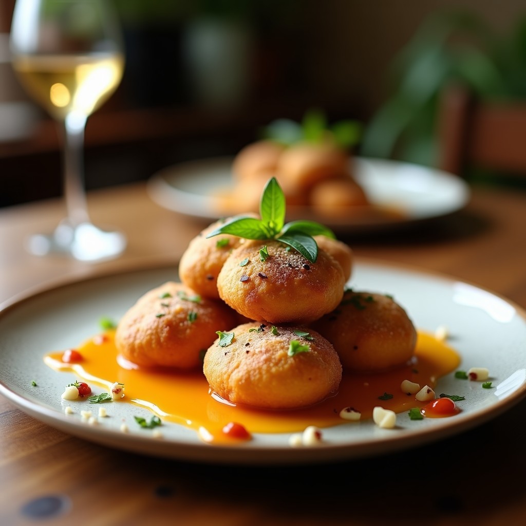 Beignets dorados de flor de calabacín rellenos de queso de cabra, servidos en un plato blanco con hilo de miel de lavanda y hierbas provenzales espolvoreadas, aperitivo francés crujiente hecho en airfryer.