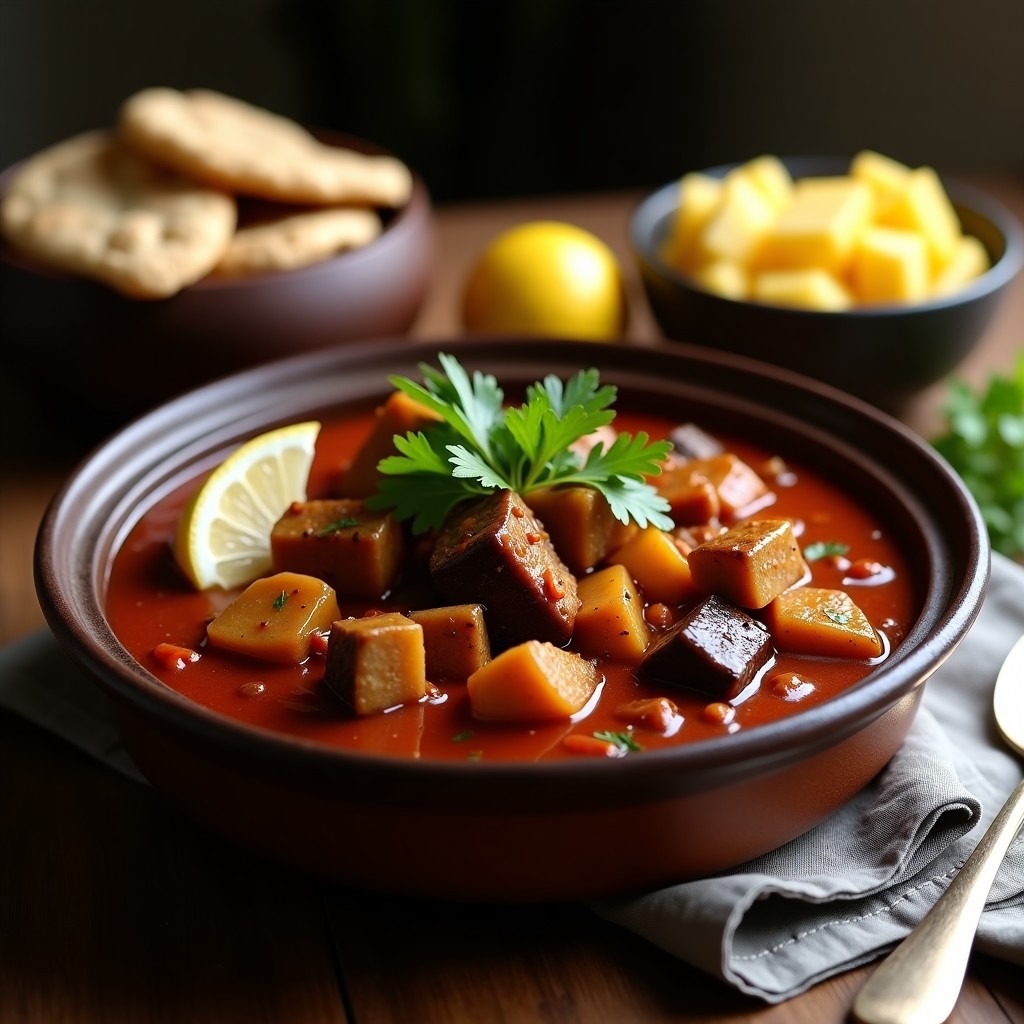 Olla lenta abierta mostrando un guiso espeso de Berbere de Pollo y Berenjena, con trozos dorados de pollo, berenjena cremosa y un toque de yogur griego. Plato colorido con especias rojizas y hierbas frescas, típico de la cocina etíope.