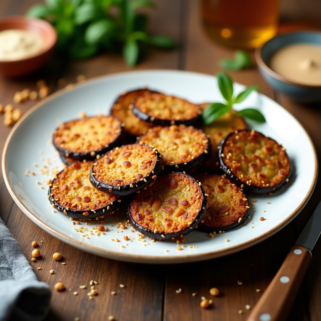 Filetes dorados de berenjena empanizados con harina de garbanzo y especias zaatar, crujientes por fuera y tiernos por dentro, servidos en un plato blanco con semillas de sésamo visibles y un fondo de especias árabes.