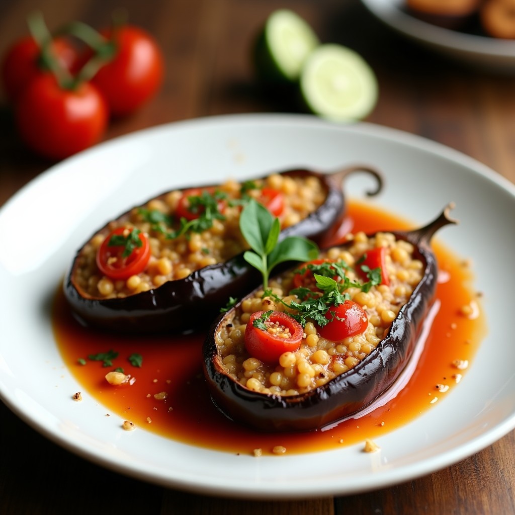 Berenjenas grandes cortadas por la mitad, rellenas de quinoa, tomate y especias, horneadas hasta dorar con piñones y albahaca fresca. Receta de berenjena rellena de quinoa al horno.