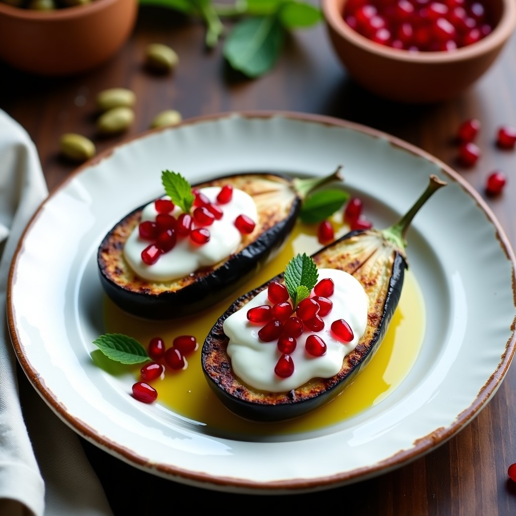 Plato blanco con berenjenas ahumadas abiertas, rellenas de crema de yogur griego, decoradas con semillas de granada y hierbabuena fresca, receta griega saludable.