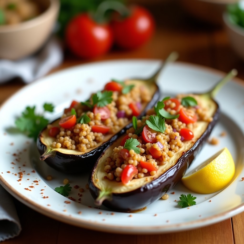 Berenjenas al microondas rellenas de quinoa, tomate y especias, servidas en plato blanco con perejil fresco y limón.
