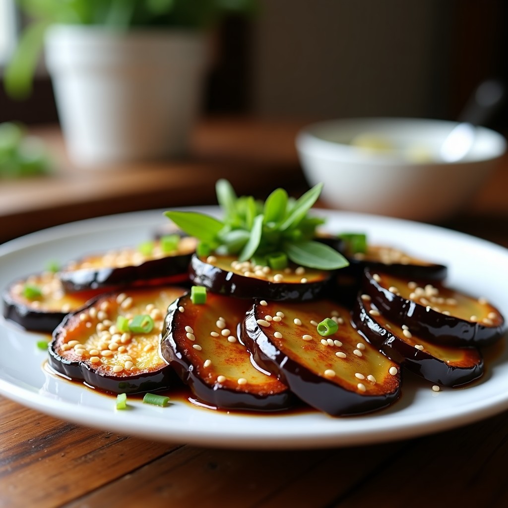 Rodajas de berenjena doradas y brillantes con glaseado de miso caramelizado, espolvoreadas con semillas de sésamo y cebollino, servidas en plato blanco sobre fondo rústico.