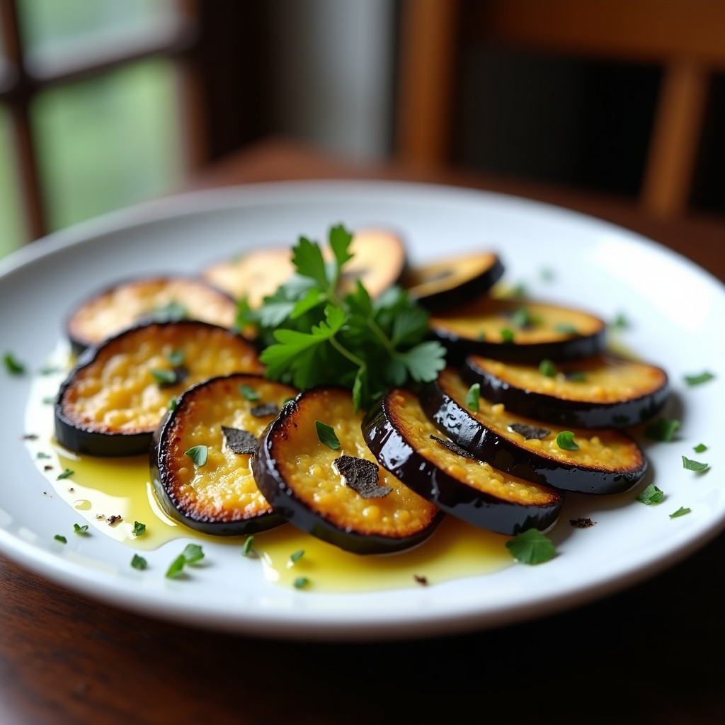 Plato blanco con rodajas de berenjena asada dorada, brillantes por el aceite trufado, decoradas con perejil fresco y virutas de trufa negra, receta en microondas.