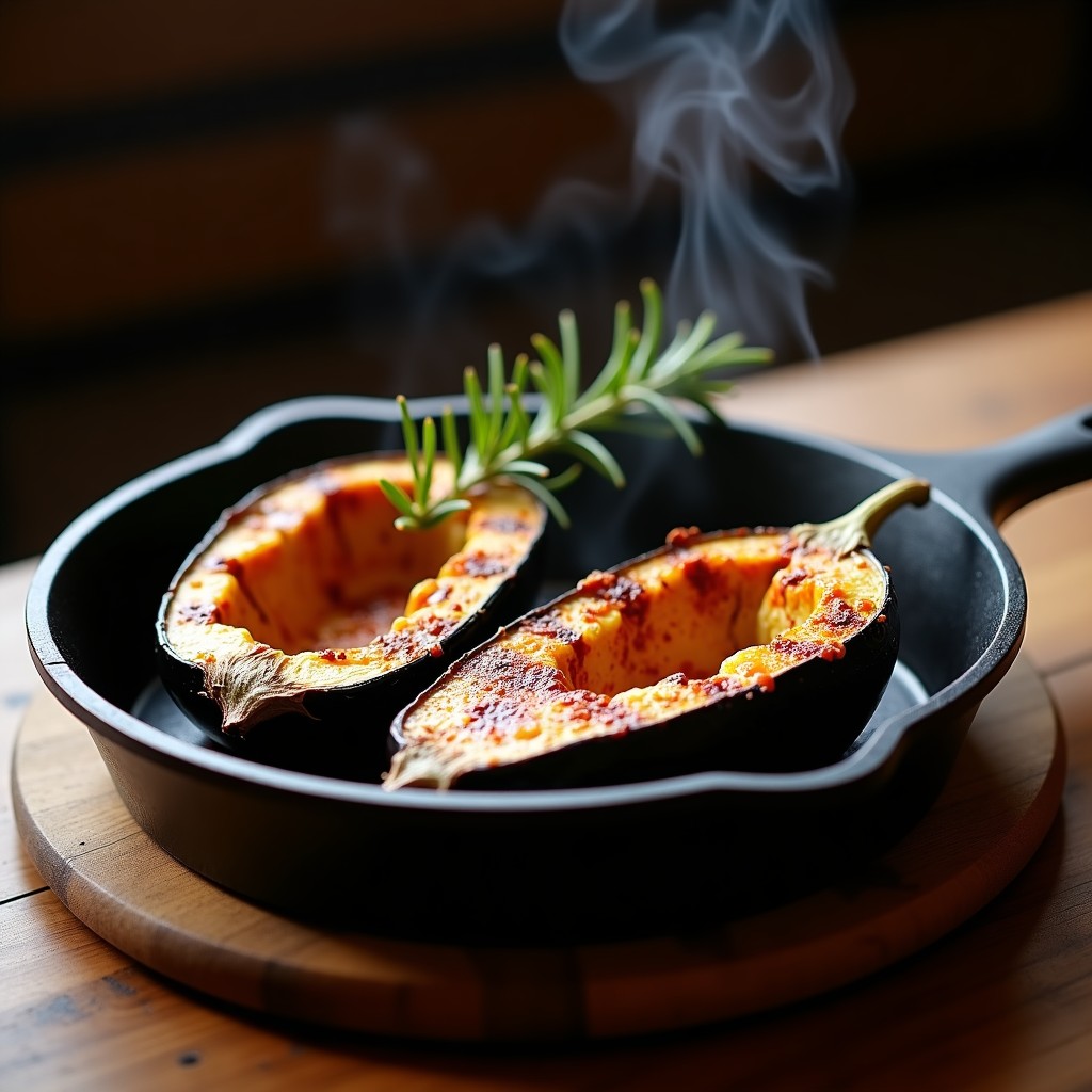 Berenjenas asadas ahumadas en sartén, cortadas por la mitad con pulpa dorada y especiada, decoradas con romero fresco y pimentón ahumado.
