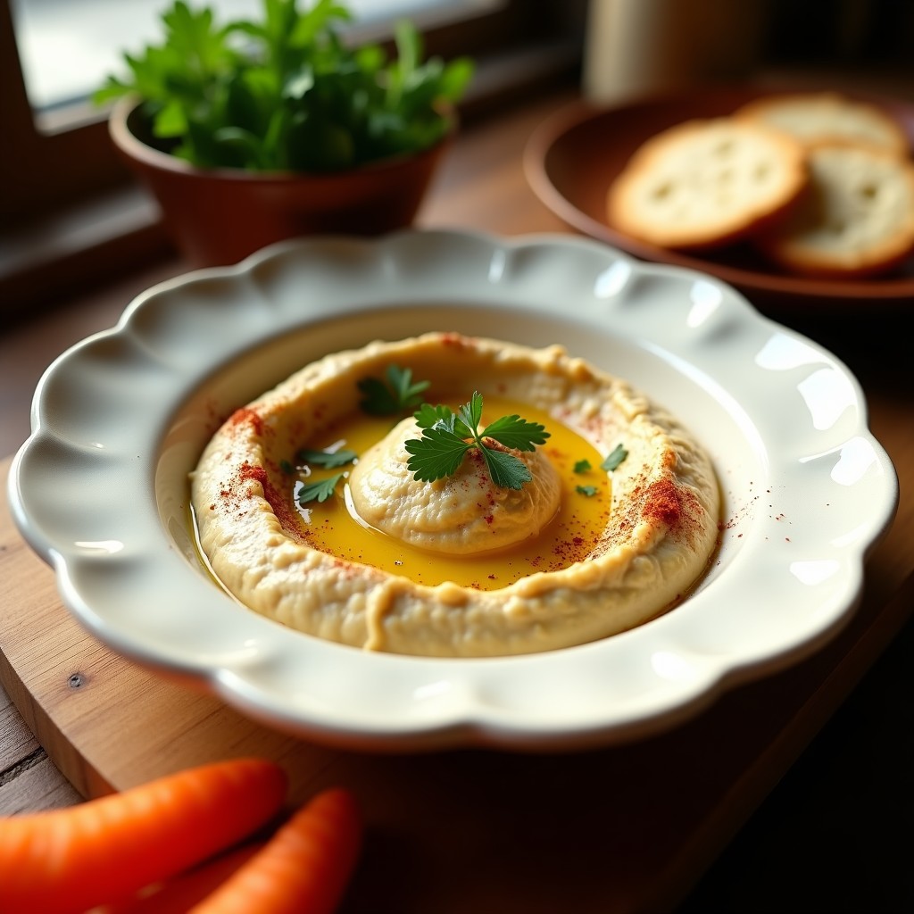 Bol de cerámica blanca con hummus de berenjena asada y tahini, decorado con perejil fresco, aceite de oliva y pimentón ahumado, acompañado de pan de pita tostado y zanahorias crudas.
