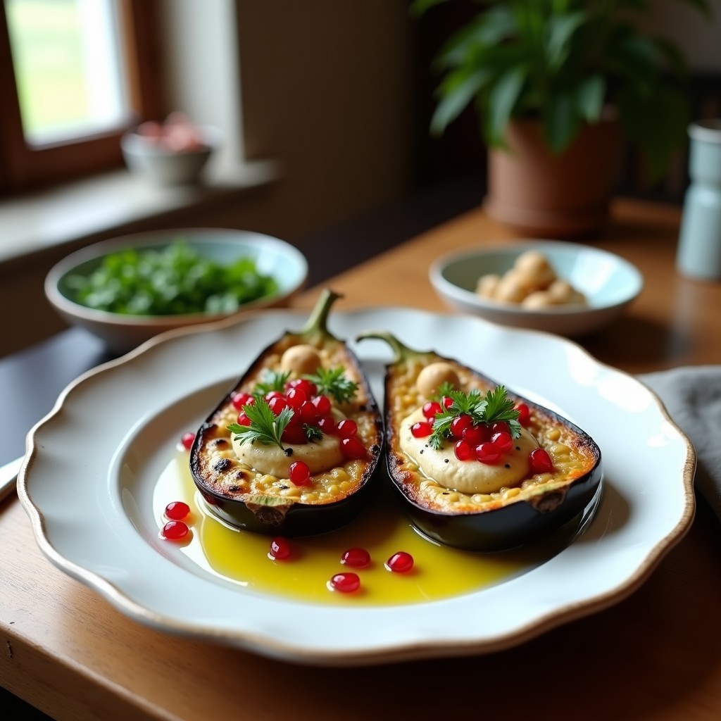 Plato blanco con dos mitades de berenjena asada rellenas de hummus ahumado cremoso, decorado con semillas de granada, perejil fresco y garbanzos enteros. Fondo rústico de madera con luz natural.